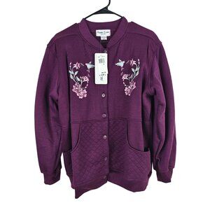 NEW Vintage Bonnie Evans Womens Purple Cardigan XL Quilted Embroidered Pockets